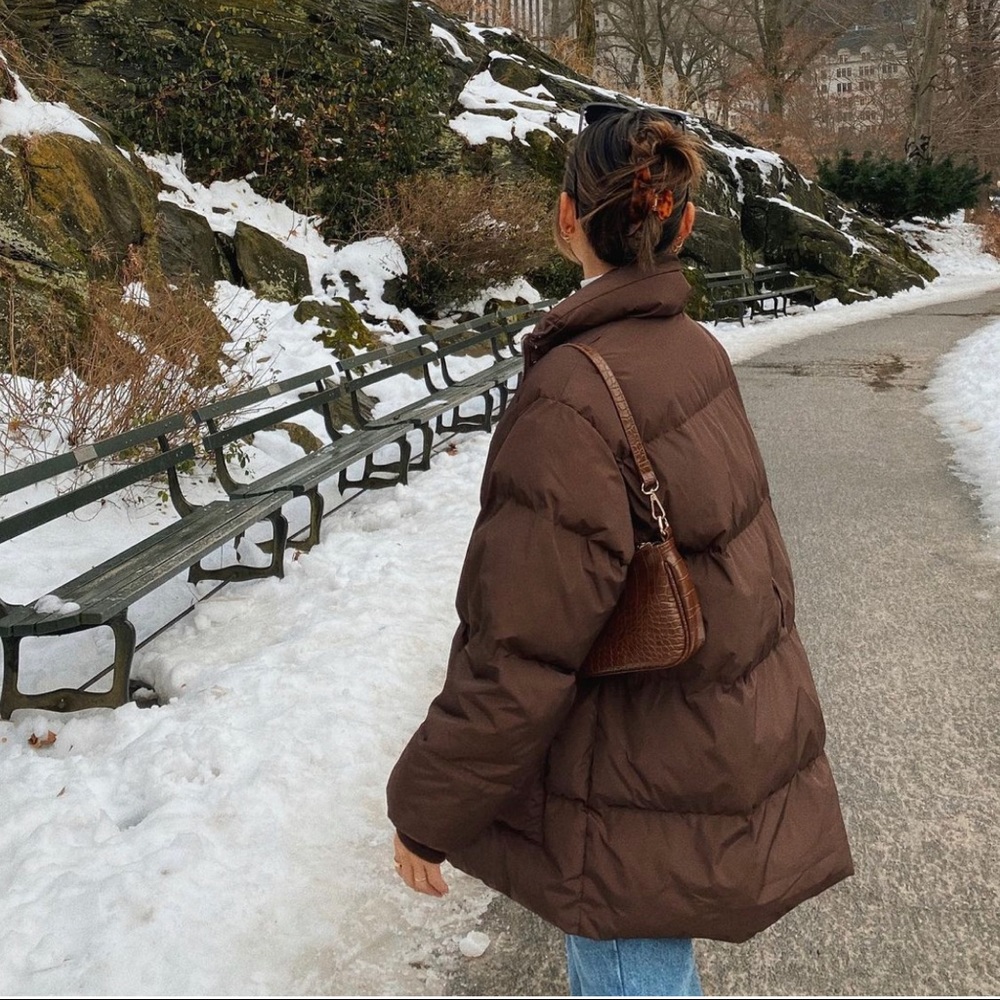 asos threadbare brown hayley mid length puffer jacket